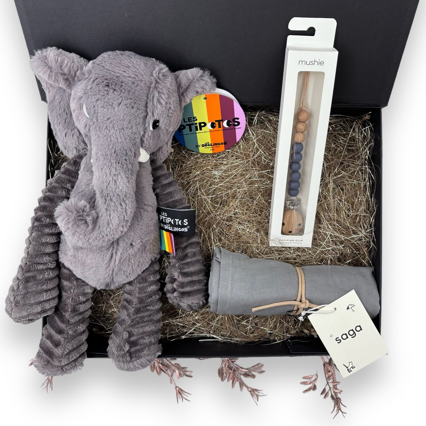 Een luxe cadeau voor de pasgeboren baby om te geven net na de geboorte - speelse momenten - in kleur grijs