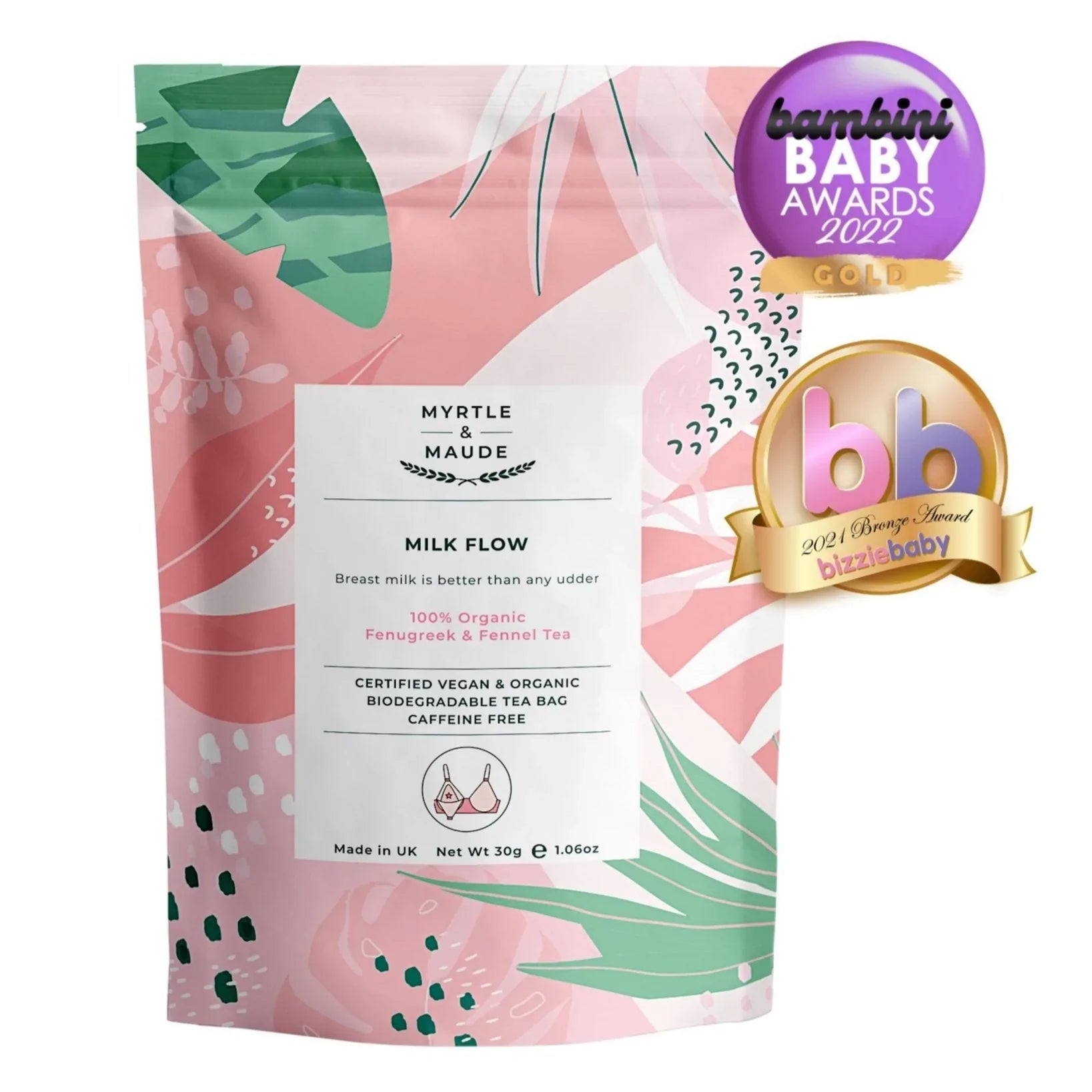 Organische borstvoedingsthee van Myrlte & Maude, om de genezing te stimuleren en vermoeidheid van mama's net na de geboorte te bestrijden en om de gezonde toevoer van moedermelk tijdens de borstvoeding te bevorderen. Bevat 15 x biologisch afbreekbare theezakjes. Caffeinevrij. Gecertificeerd biologisch & veganistisch.