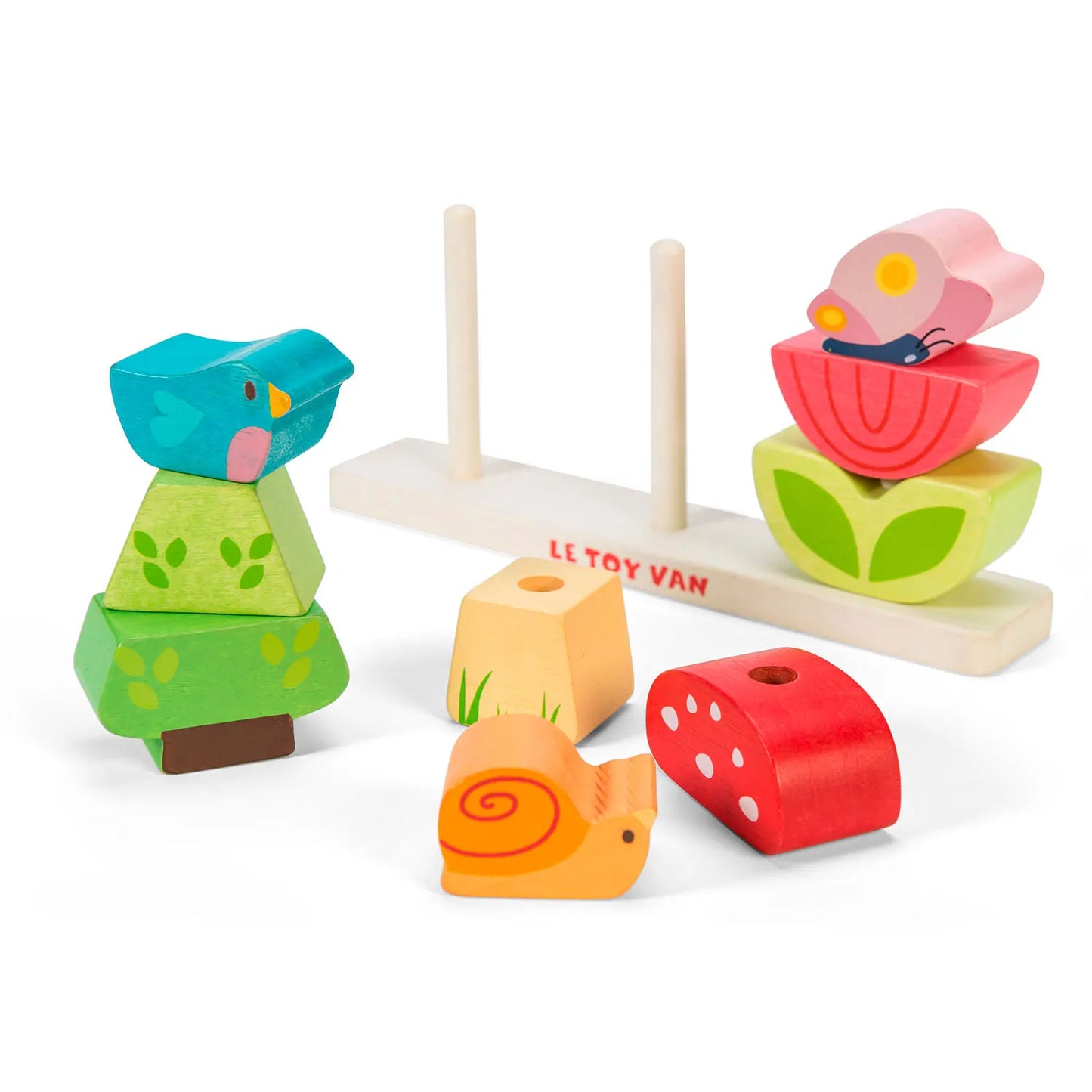 Charmant houten speelgoed van Le Toy Van met 9 kleurrijke stapelbare stukken - vogel, slak, vlinder