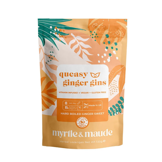 Myrtle & Maude bonbons tegen ochtendmisselijkheid, speciaal samengesteld met natuurlijke pepermuntolie en verrijkt met vitamine B6.